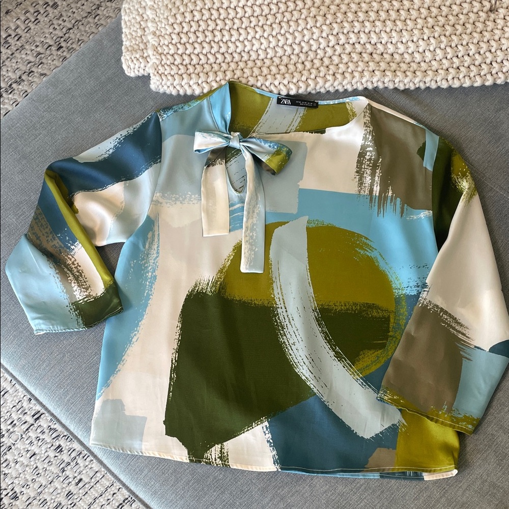 Zara Multicolor Abstract Blouse with Bow